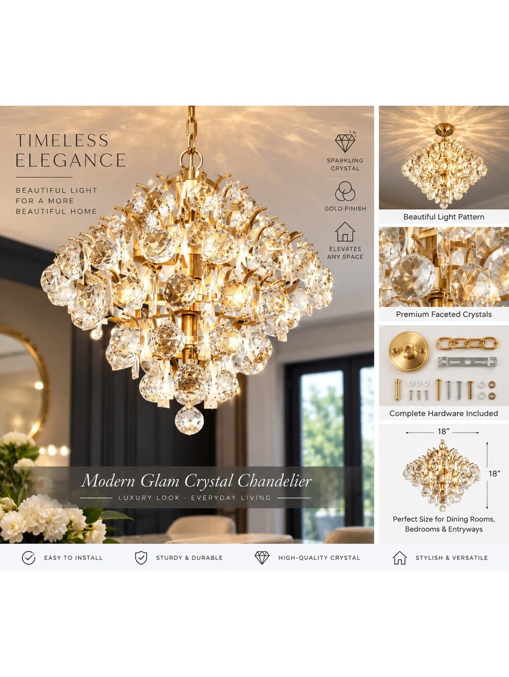 Modern Gold Crystal Chandelier Hanging Pendant Light Adjustable Chain 15"